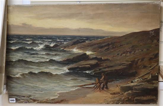 Macgregor Wilson, oil on canvas, Wrecker on the shore, signed and dated 1890, 51 x 76cm, unframed